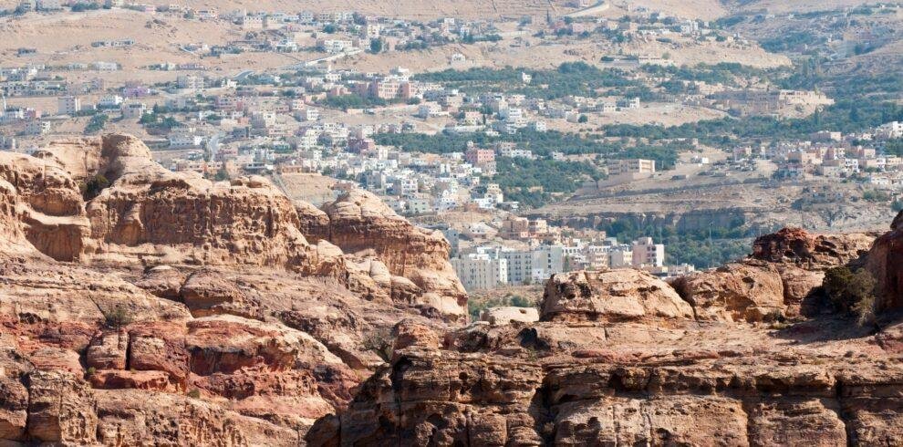 View of Wadi Musa, the gateway to the ruins of Petra, in Jordan